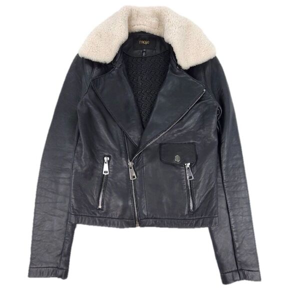 MAJE Bluff Leather Biker Jacket Shearling Fur Collar Moto Black Cream Small